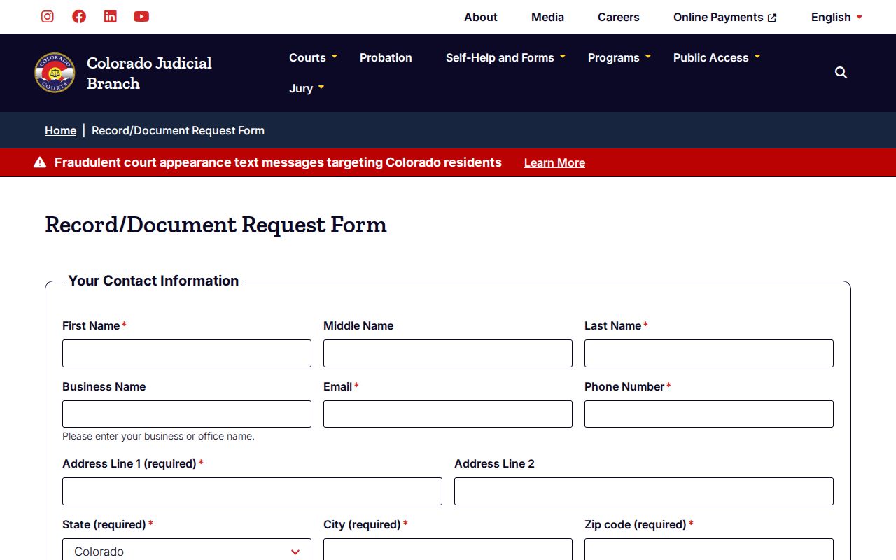 Costilla County active warrant court document request form