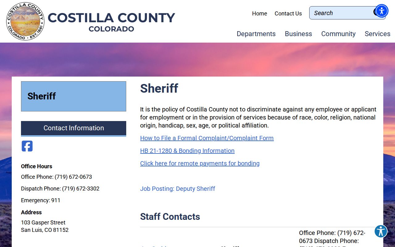 Costilla County active warrant records request route on the sheriff page