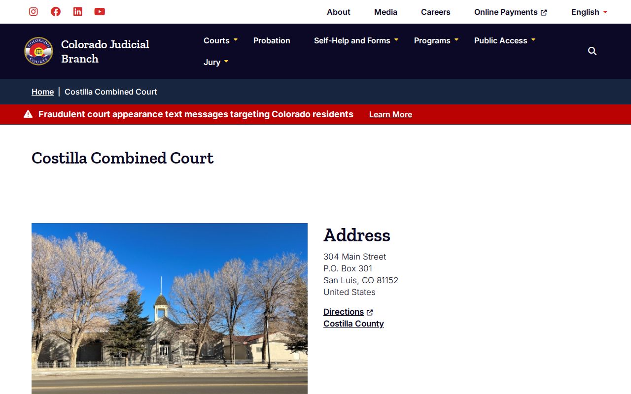 Costilla County bench warrant courthouse contact card