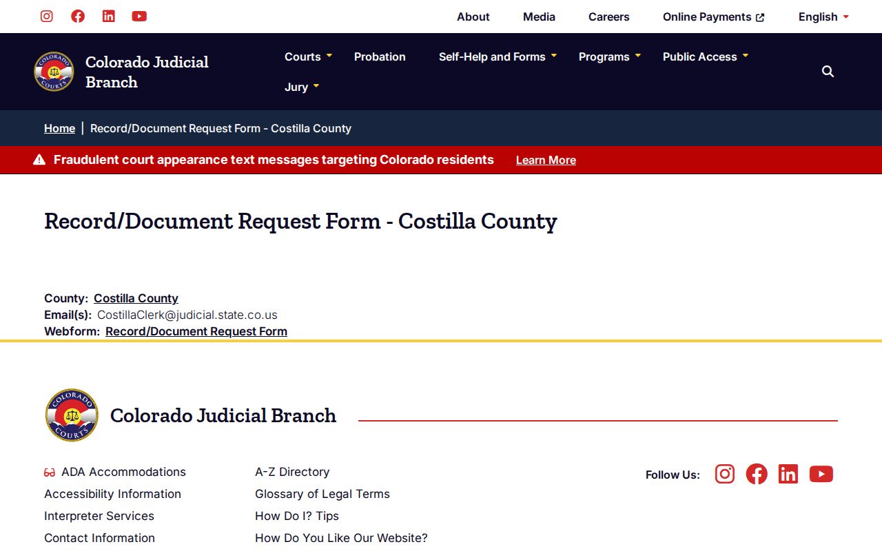 Costilla County bench warrant court record request route