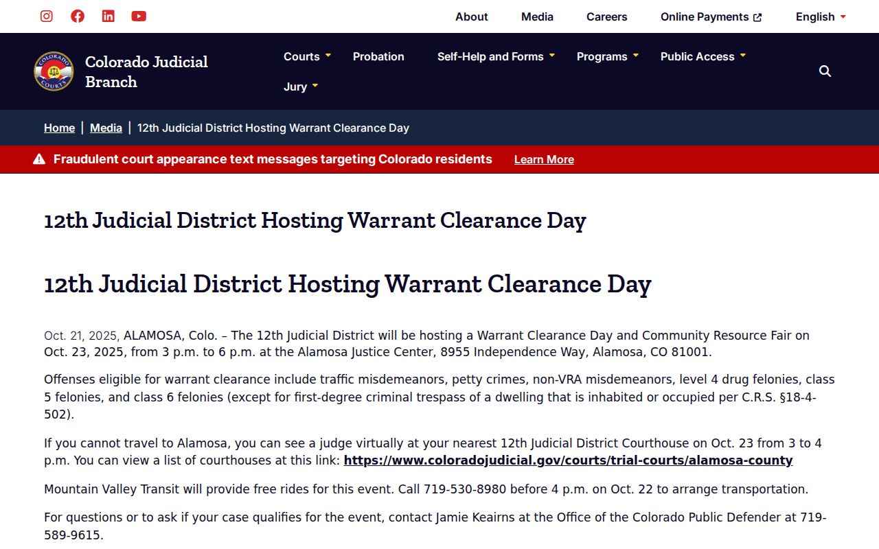 Costilla County arrest warrant clearance day notice