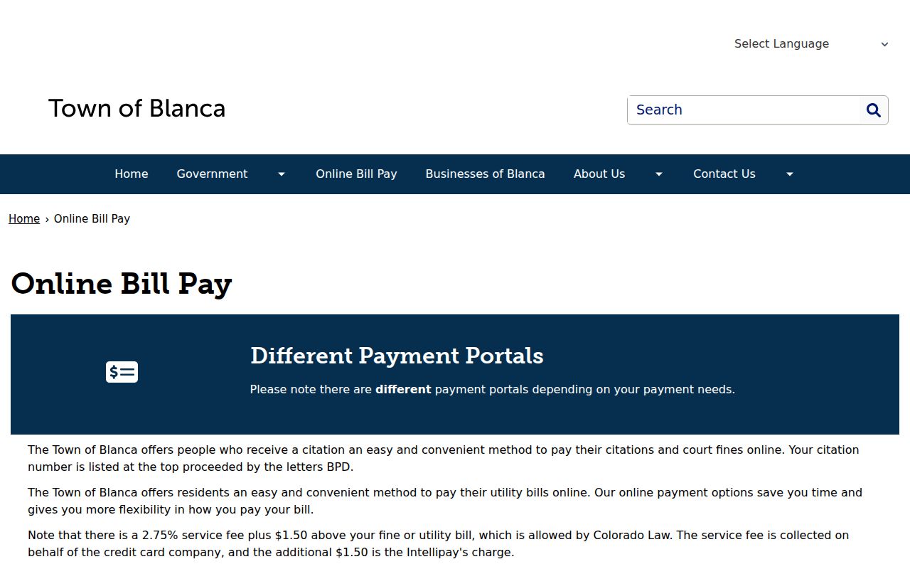 Costilla County municipal warrant payment route for Blanca court