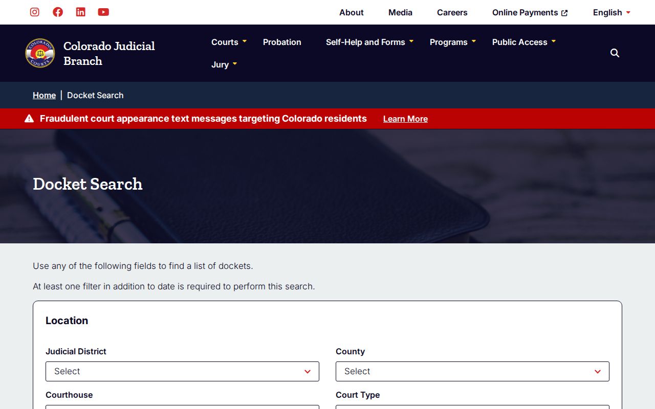Costilla County warrant search fields on the Colorado Judicial docket