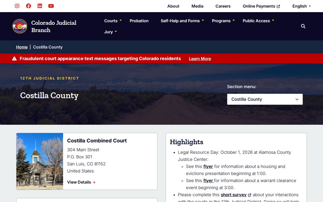 Costilla County warrant records route on the Combined Court page